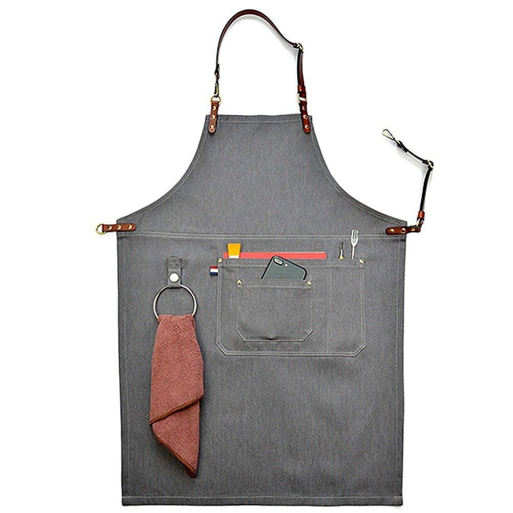 Unisex Durable Denim Apron Canvas Bib for Chef Kitchen with Convenient Pockets (L)