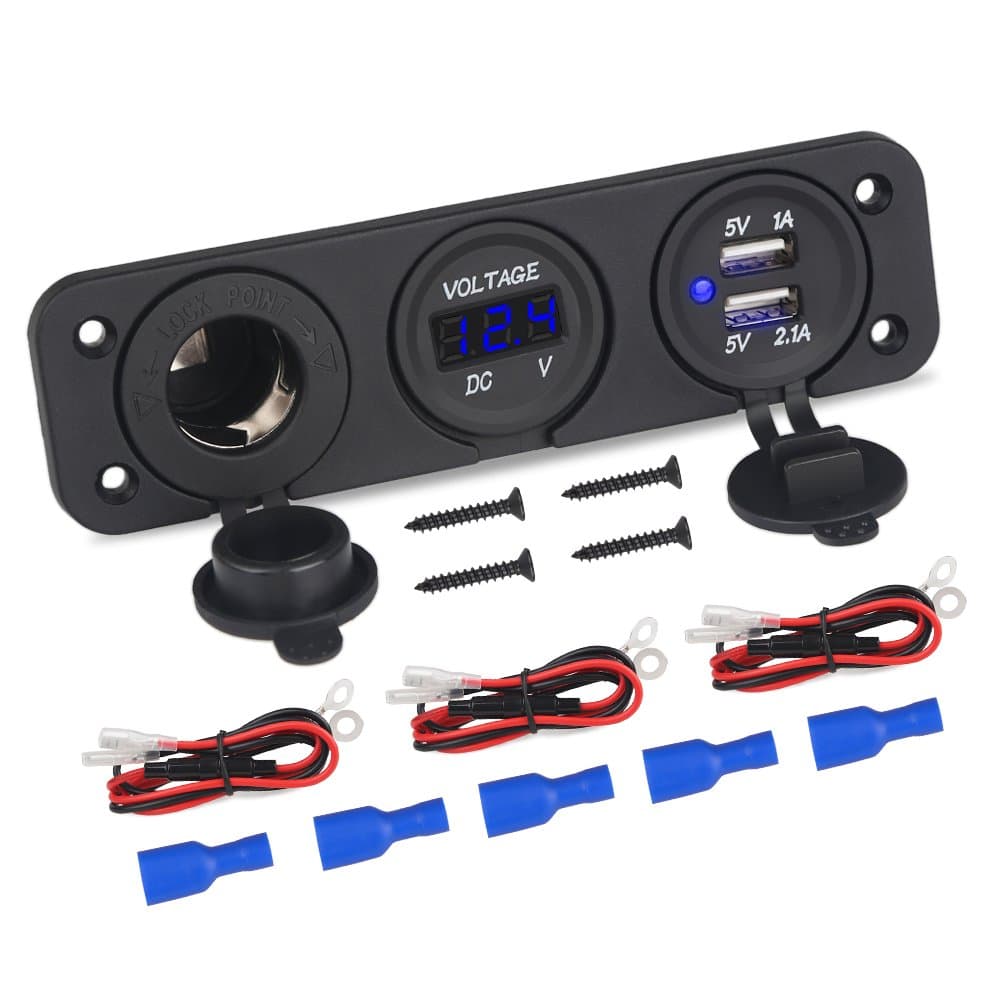 WATERWICH 3 Hole Marine Ignition Toggle Rocker Switch Panel Waterproof with Digital Voltmeter 3.1A Dual USB Charger Cigarette Lighter Socket for RV Car Boat Vehicles Truck Yacht (3 Way Blue)