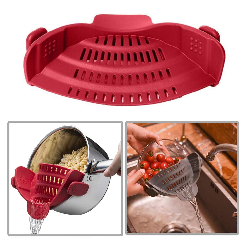 Clip on Silicone Strainer Colander, Pan Strainer snaps Drainer of Hands-free for Spaghetti Pasta pots and pans, Clip-on Heat Resistant Colander Pour Spout for Pasta Vegetable Noodles Pot bowl Pan