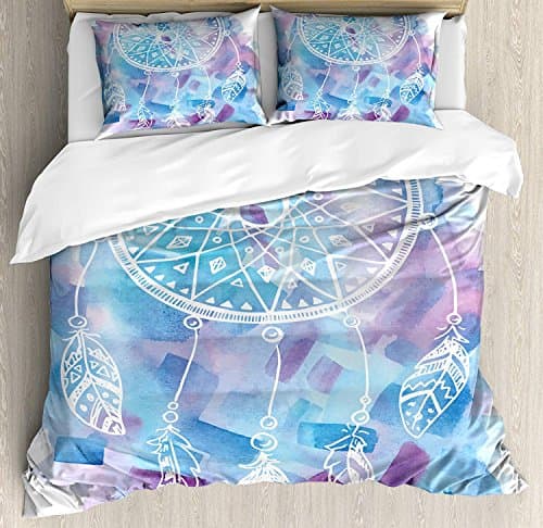 Feather 4 Piece Bedding Set King Size, Abstract Dream Catcher with Watercolor Background Artistic Brushstrokes, Duvet Cover Set Quilt Bedspread for Childrens/Kids/Teens/Adults, Pale Blue Lilac White