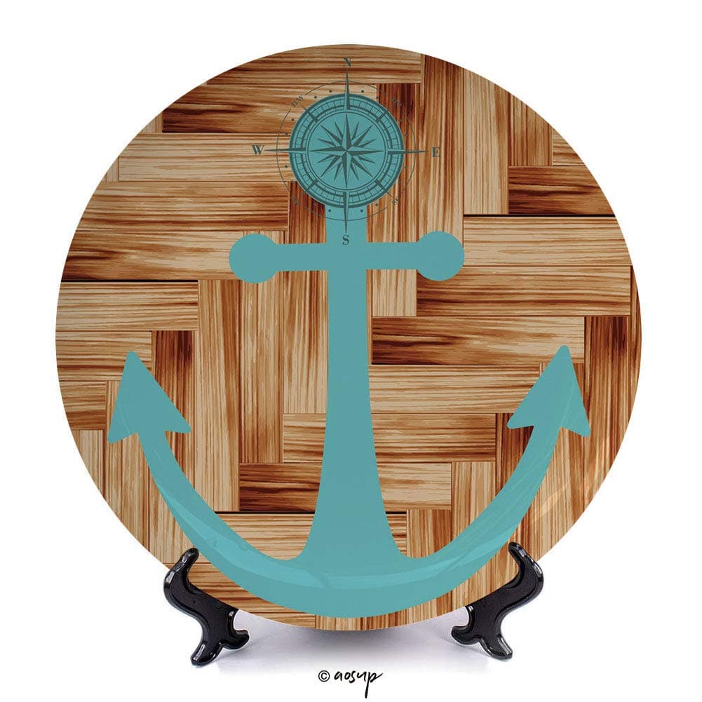 №00647 Porcelain Plates Ceramic Decorative Plates/with Compass On Rustic Wooden Planks Marine Maritime Sea Ocean Coastal Antiqued Aged Decor / 10 Inch
