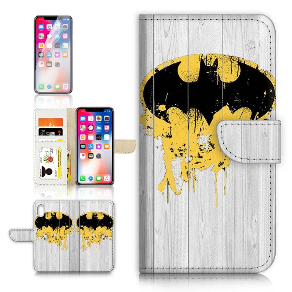(for iPhone Xs) Flip Wallet Case Cover & Screen Protector Bundle - A3193 Batman