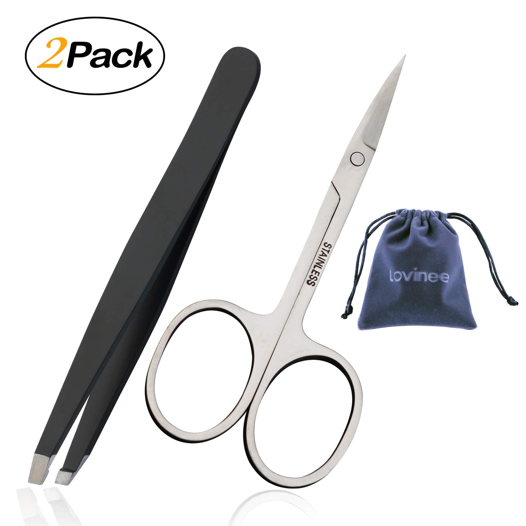 Eyebrow Tweezers Scissors-1pc Stainless Steel Scissor with Curved Sharp Edge Blades and 1pc Professional Stainless Steel Slanted Tip Tweezer.Facial Hairs Tweezers Scissors,Pack of 2