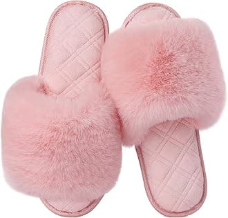 LongBayWomen's Fuzzy Faux Fur Memory Foam Cozy Flat Spa Slide Slippers Comfy Open Toe Slip On House Shoes Sandals