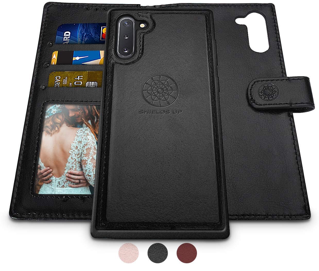 Shields Up Galaxy Note 10 Wallet Case, [Detachable] Magnetic Wallet Case, Durable and Slim, Lightweight with Card/Cash Slots, Wrist Strap, [Vegan Leather] Cover for Samsung Galaxy Note 10 -Black