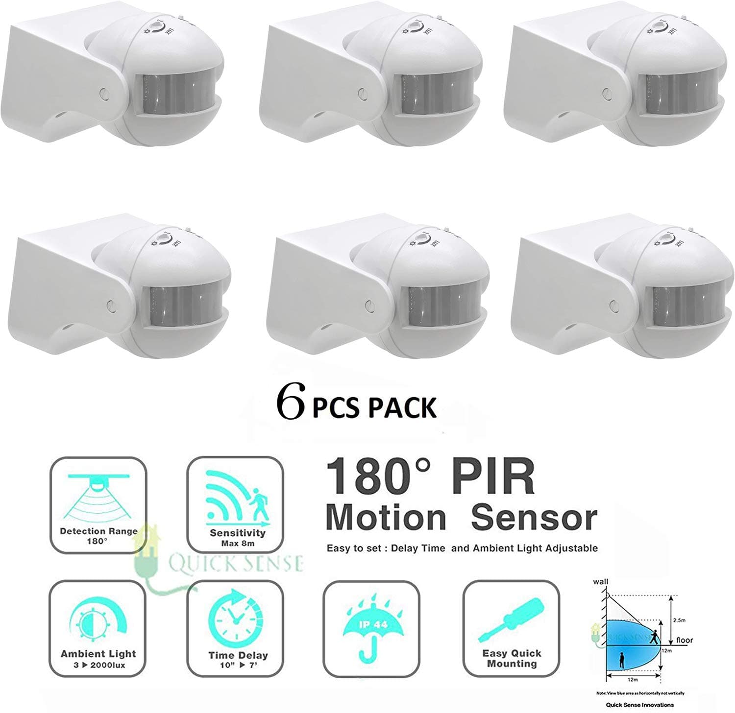 Quick Sense 180 Plastic Wall-Mount PIR Motion Switch with Light, Energy Saving Sensor, LUX Adjustment (Standard, White) (Wall PIR(Set of 6))