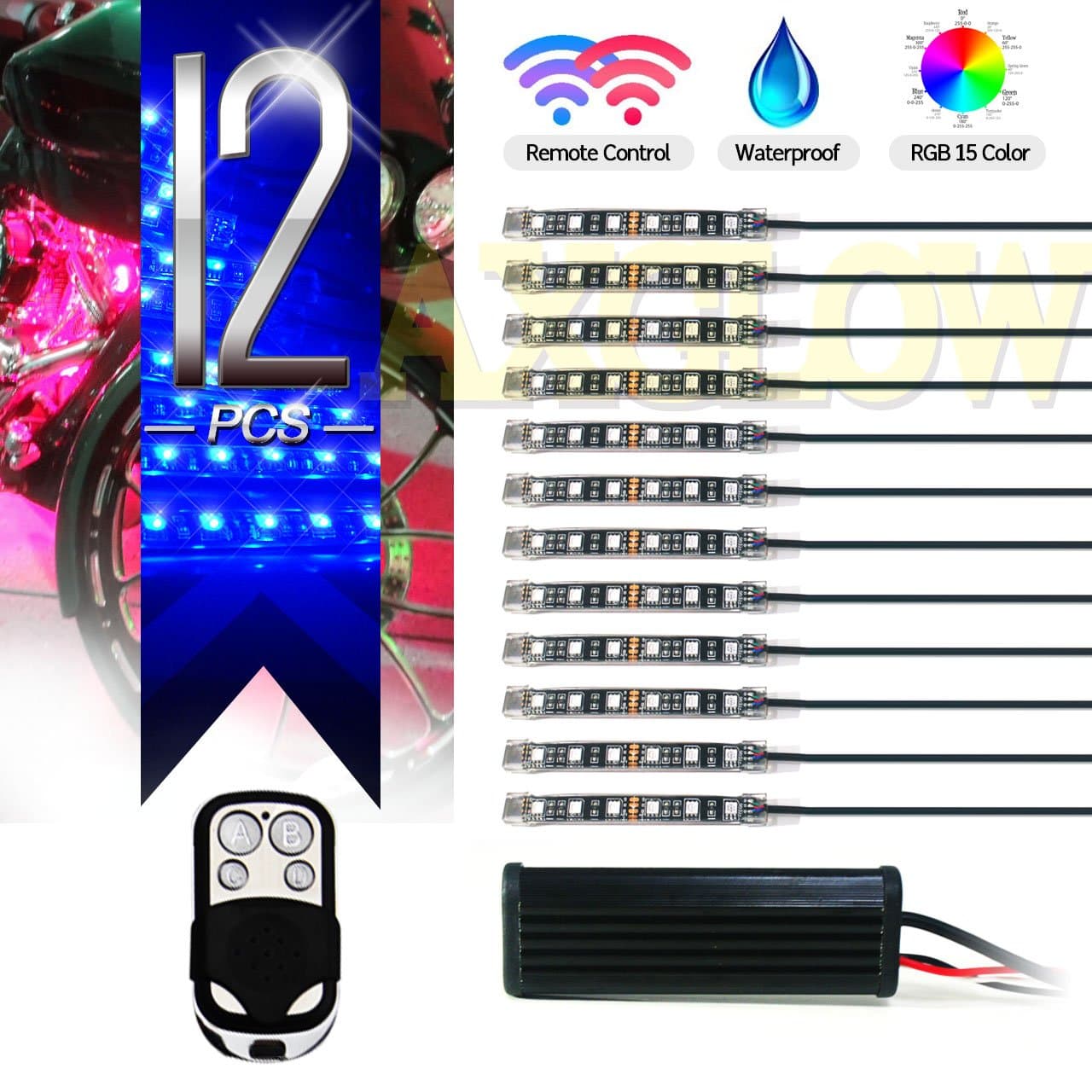 SCREAMFOX Motorcycle LED Lights Kit Accent Neon Underglow with Wireless Remote Controlled