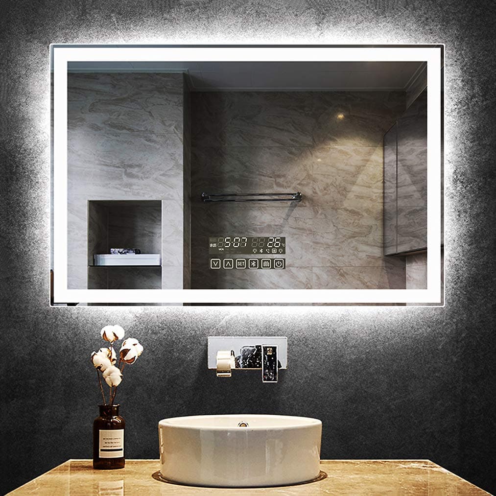 HORV Humanized Dimmable LED Bathroom Wall Mirror, Bluetooth + White Light/Warm Light/Daylight + Calendar + Time + Temperature + Call + Music Player
