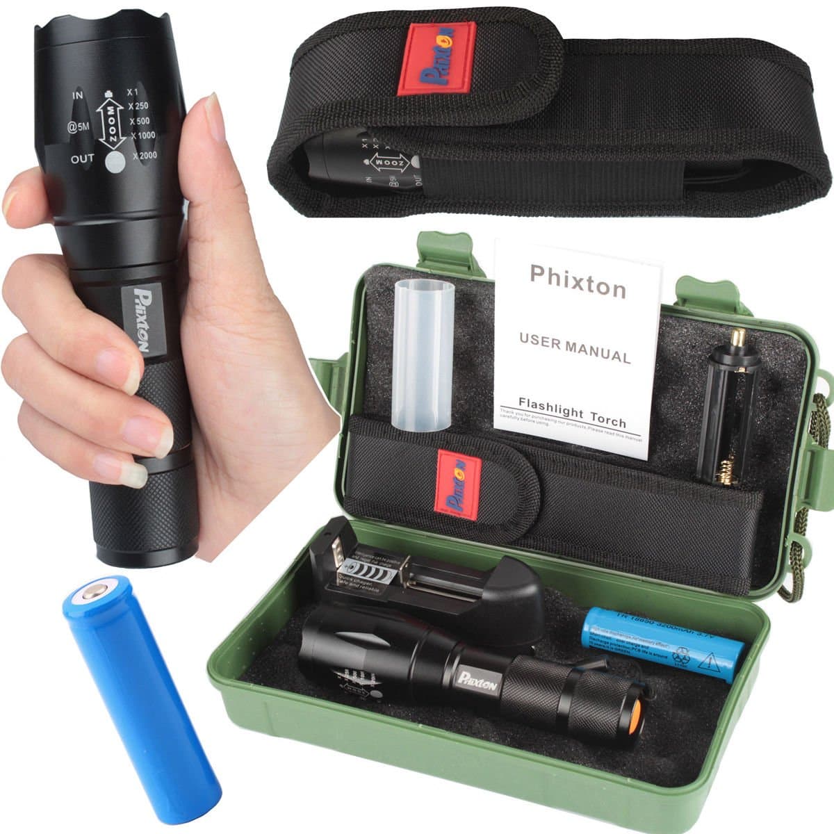 PHIXTON 5000LM XML T6 LED Tactical Survival Flashlight+18650 Battery+Charger+Case Pouch