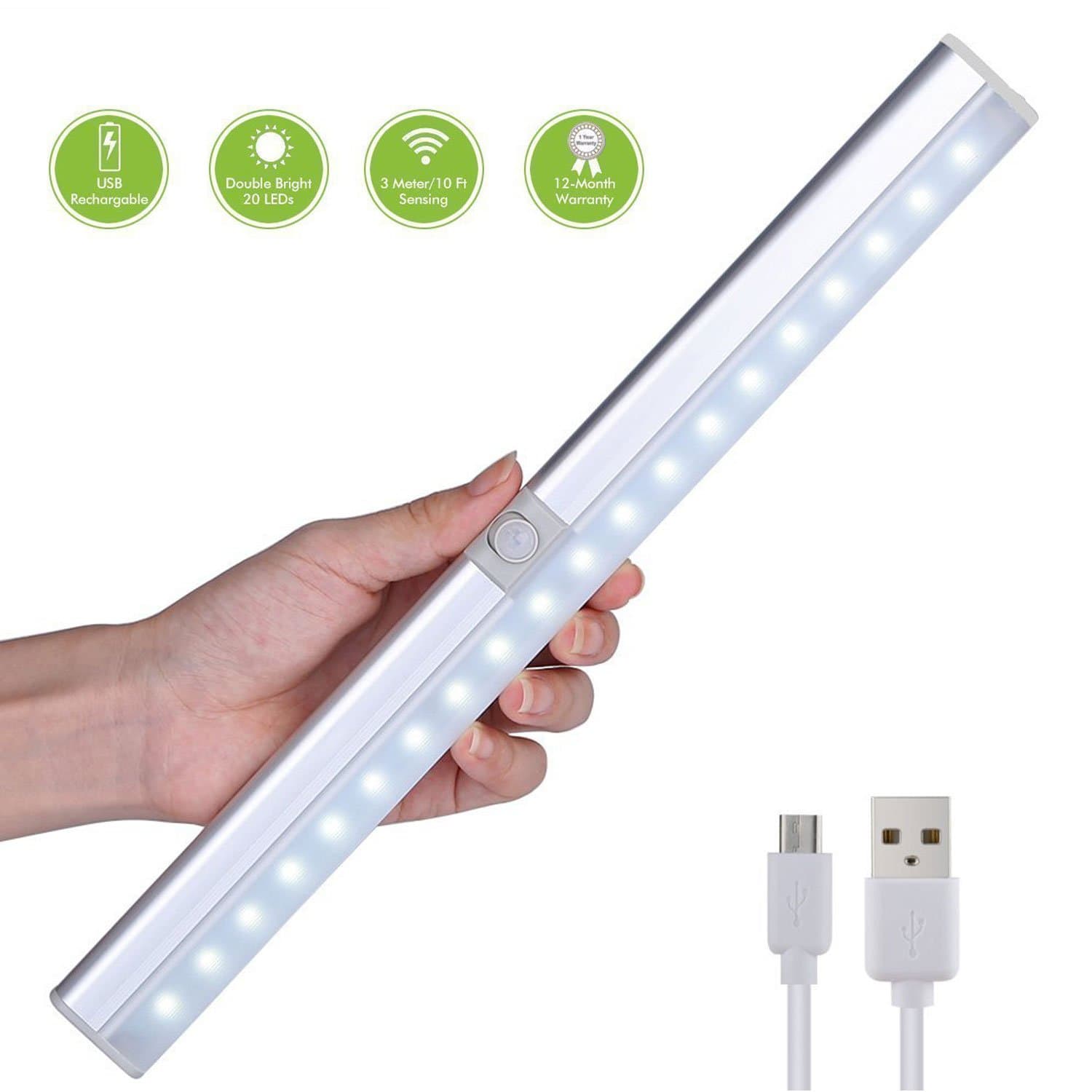 Motion Sensor Closet Lights,20 LED Rechargeable Cabinet Light with Rotated Sensor,Stick-Anywhere Portable 2-in-1 Wireless Light Bar for Hallway, Bathroom, Bedroom, Kitchen,Stairs,Wardrobe(3 Modes)