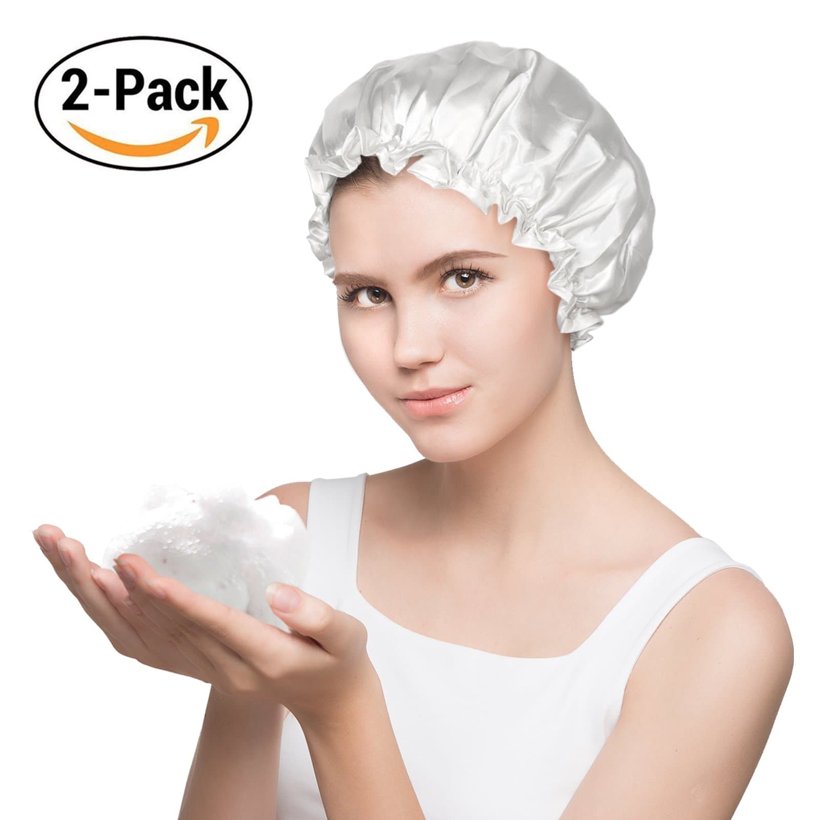 Fantcen Shower Cap, Polyester Satin Edge Shower Cap 2 Pack White