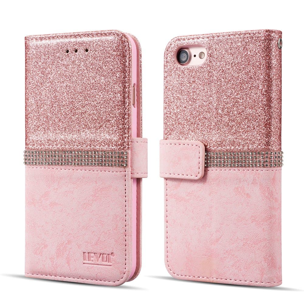 LEVOL Glitter Case for iPhone 5 5S SE,Bling Glitter Diamond Folio Leather Wallet Case with [Kickstand] [Card Slots] [Magnetic Closure] Flip Case for iPhone 5/5S/SE [Rose Gold]