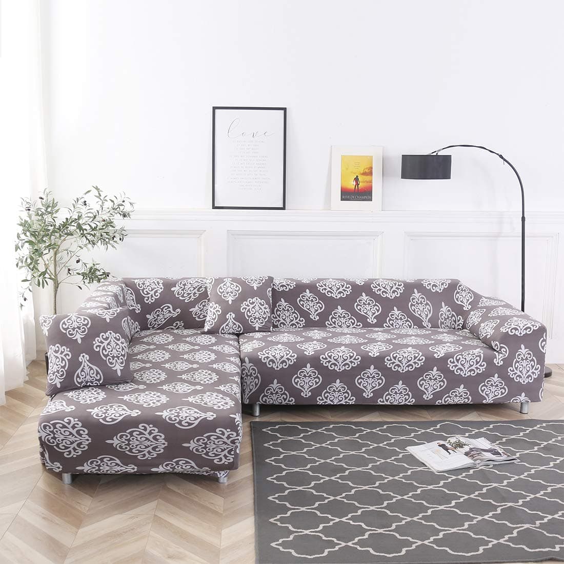 OSISLE High Elastic Printing Polyester L-Shaped Sofa Cover Non-Slip Sofa Cover; 2PCS Elastic Sleeve Sliding Cover + 2 Pillow Cases(L-Shape 3+2 Seats) (BC012)