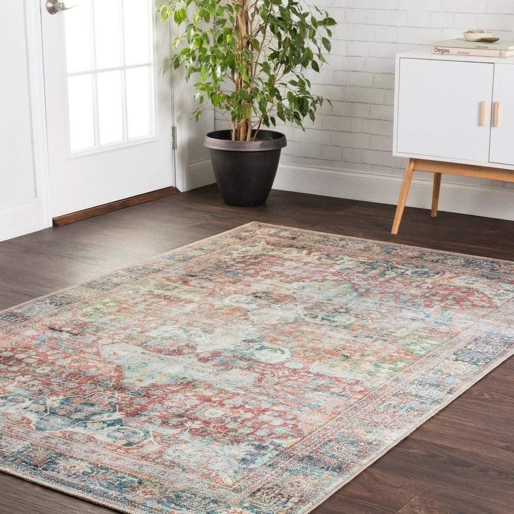 Alexander Home Traditional Distressed Red/Blue Printed Multi-Colored Abstract Design Area Rug - 5' x 7'6"