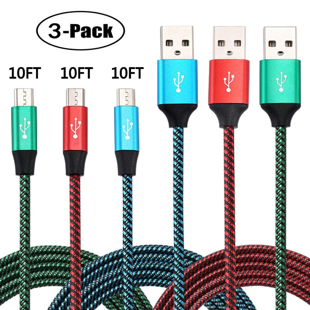 Micro USB Cable 10FT 3-Pack,Cell Phone Charger Android Nylon Braided Fast Charging Cord Compatible with Samsung Galaxy S6 S7 J3 J7 Edge,LG,HTC,Motorola,Sony,Xbox One,PS4,Bynccea