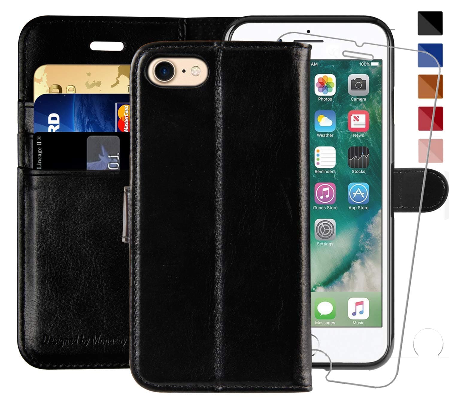 MONASAYCase Compatible for iPhone SE 2022/2020 5G,iPhone 7/8 Wallet Case,4.7-inch, [Glass Screen Protector] Flip Folio Leather Cell Phone Cover with Credit Card Holder, Black