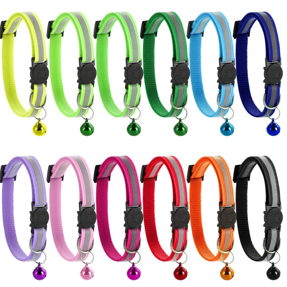 SoulQool 12 Pack Reflective Cat Collars with Bell Safety Quick Release Buckle Adjustable Pet Cat Kitten Collar (8-12")