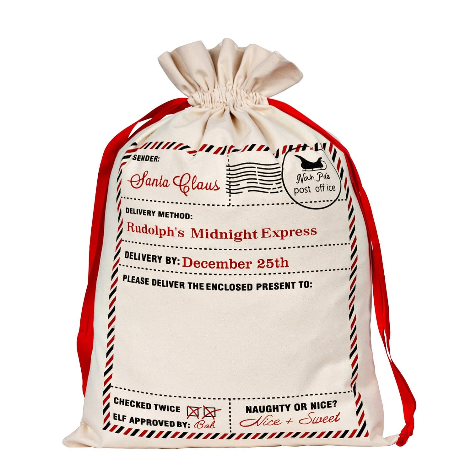 WeiVan Canvas Bag Red Drawstring Santa Sack Santa Label Stamp North Pole Address Large Bag 26x18inch