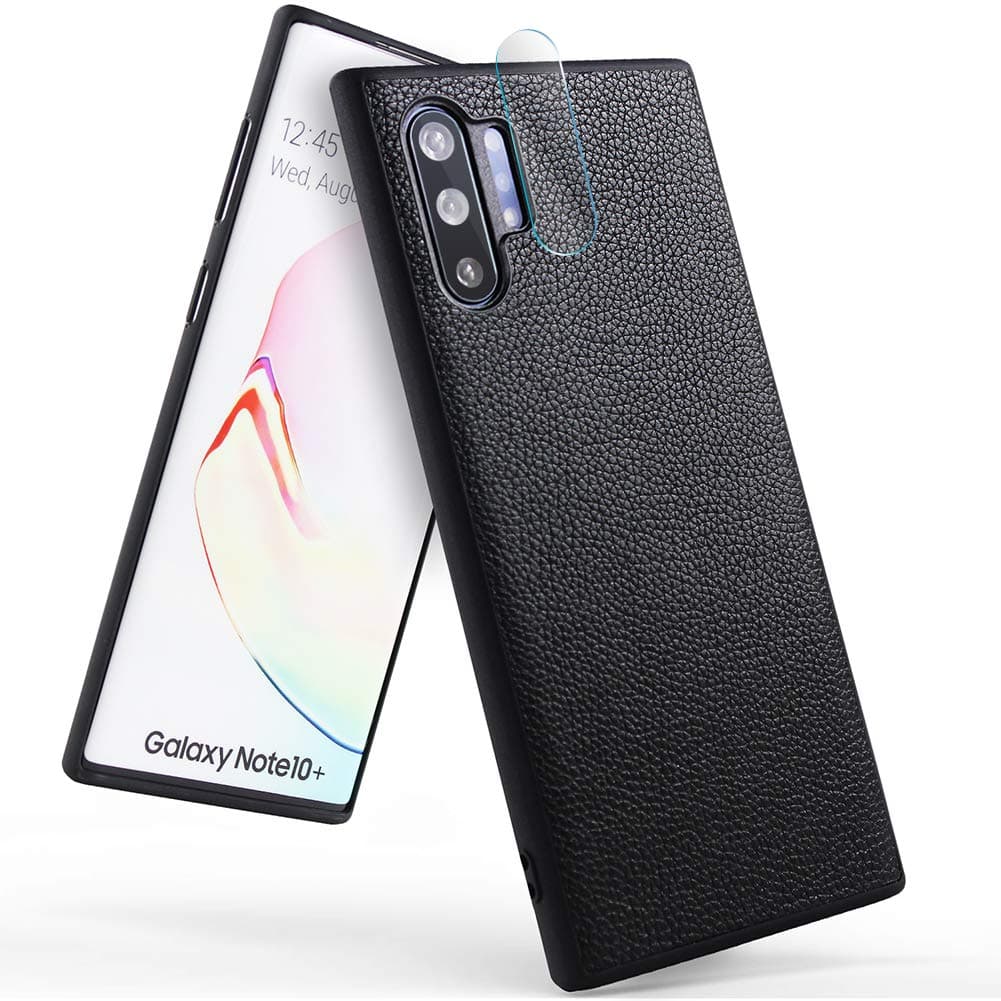 Leather Case for Samsung Galaxy Note 10 Plus /Note 10 Plus 5G,6.8 inch 2019,Liquid Silicone + Vintage Leather Texture Design with A Pack Lens Protector Film (Black, Note 10 Plus /Note 10 Plus 5G)