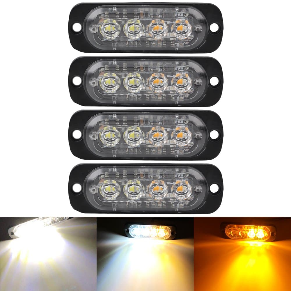 4PCS Ultra Thin Amber&White 4LEDs Warning Emergency Caution light Flash Strobe Light Bar Surface Mount For Car Van Truck Jeep Pickup,Motorcycle