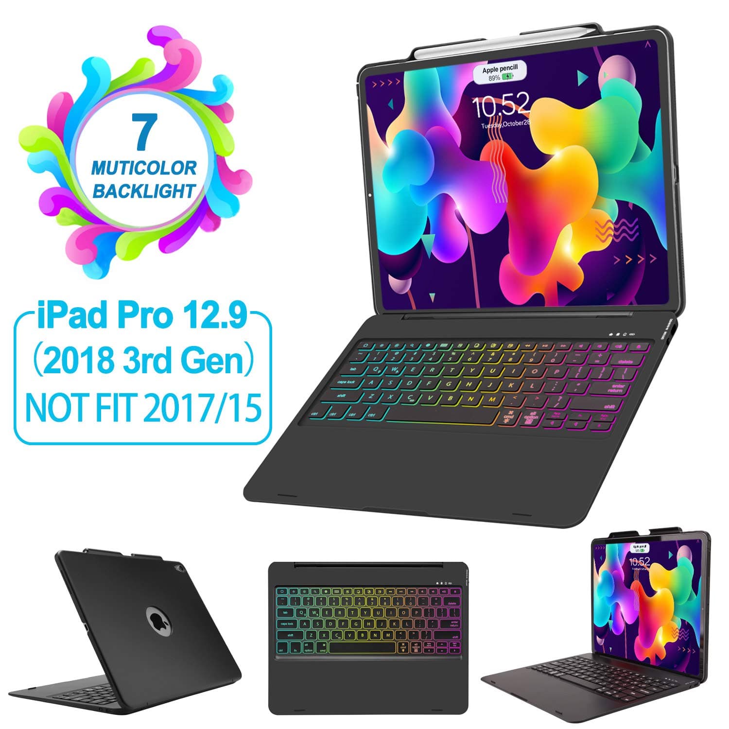 Samsers iPad Pro 12.9 Keyboard Case 2018 - Multicolor Backlit Wireless Keyboard with 135° Adjustable Smart Folio Stylish Ultra Slim Hard Cover【Support Pencil Charging Mode】【Not Fit 2017/2015】 Black