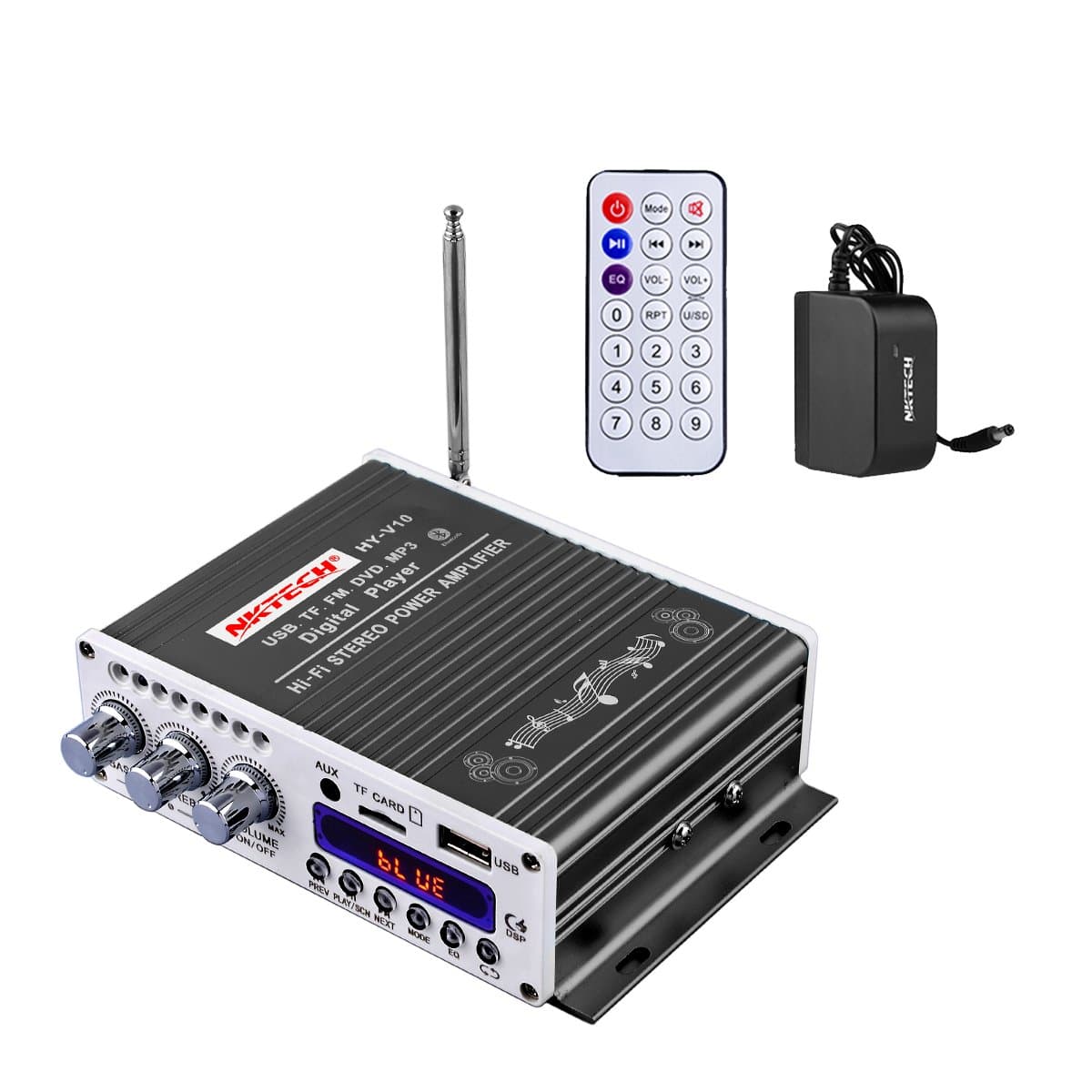 NKTECH 3A Power Adapter HY-V10 FM/MP3/USB/TF/DVD Audio Speaker Car Bluetooth Digital Amplifier Hi-Fi Bass 2 Channel DSP 2X 20W RMS Player Black + Remote Controller