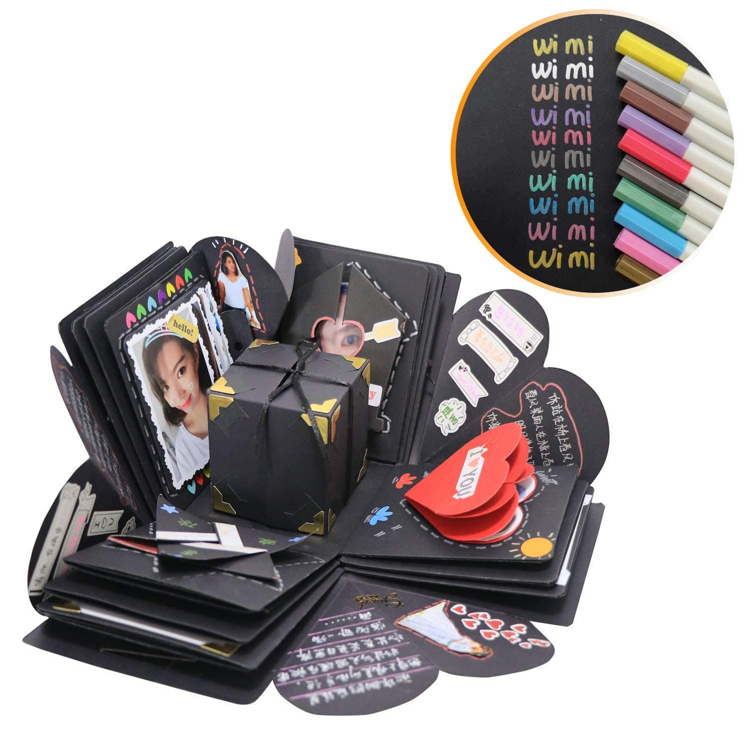 Explosion Box Scrapbook DIY Photo Album with 30min Video Tutorial 12 Funny Cards and 15 Kinds of DIY Accessories Kit Birthday Anniversary Valentine Wedding Gift-10 Metallic Marker Pens (Black 03)
