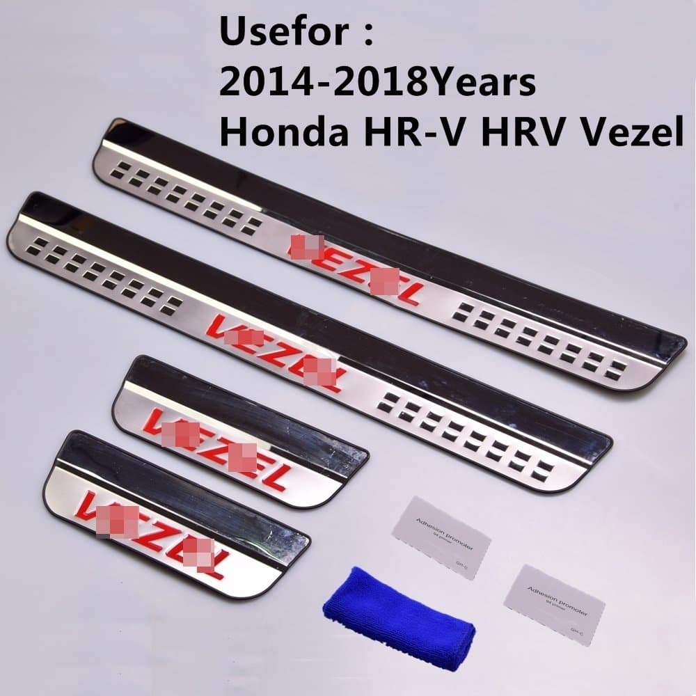 AUNAZZ/Car Door Entry Guard Scuff Step Plate Sills Protector Trim Stainless Steel Fit for Honda Vezel RU1 RU2 RU3 RU4 Hybrid Vezel 2014-2018Years 4pcs/set Attached installation tools