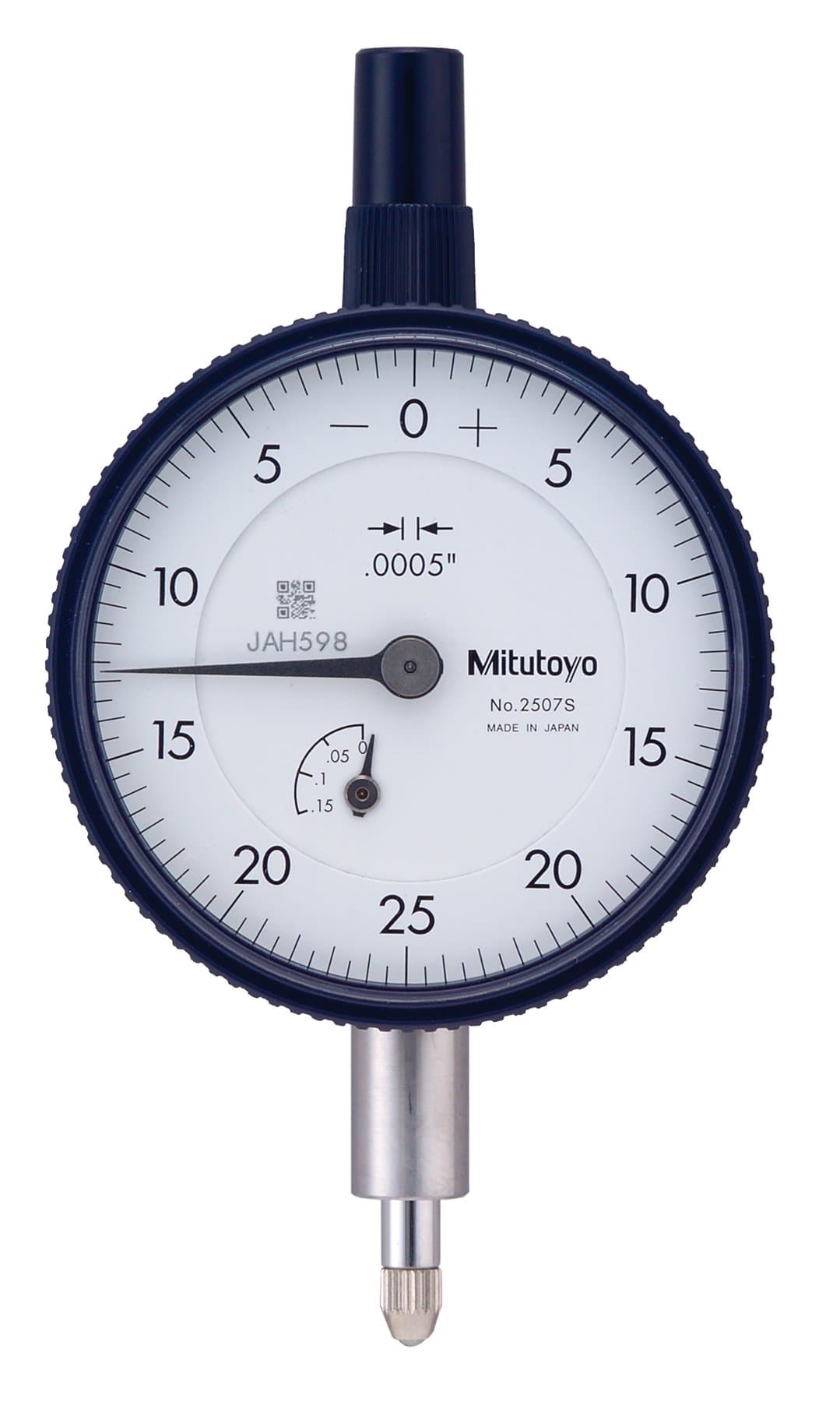 Mitutoyo 2507S Dial Indicator, #4-48 UNF Thread, 0.375" Stem Dia., Lug Back, White Dial, 0-25-0 Reading, 2.244" Dial Dia., 0-0.125" Range, 0.0005" Graduation, +/-0.0005" Accuracy