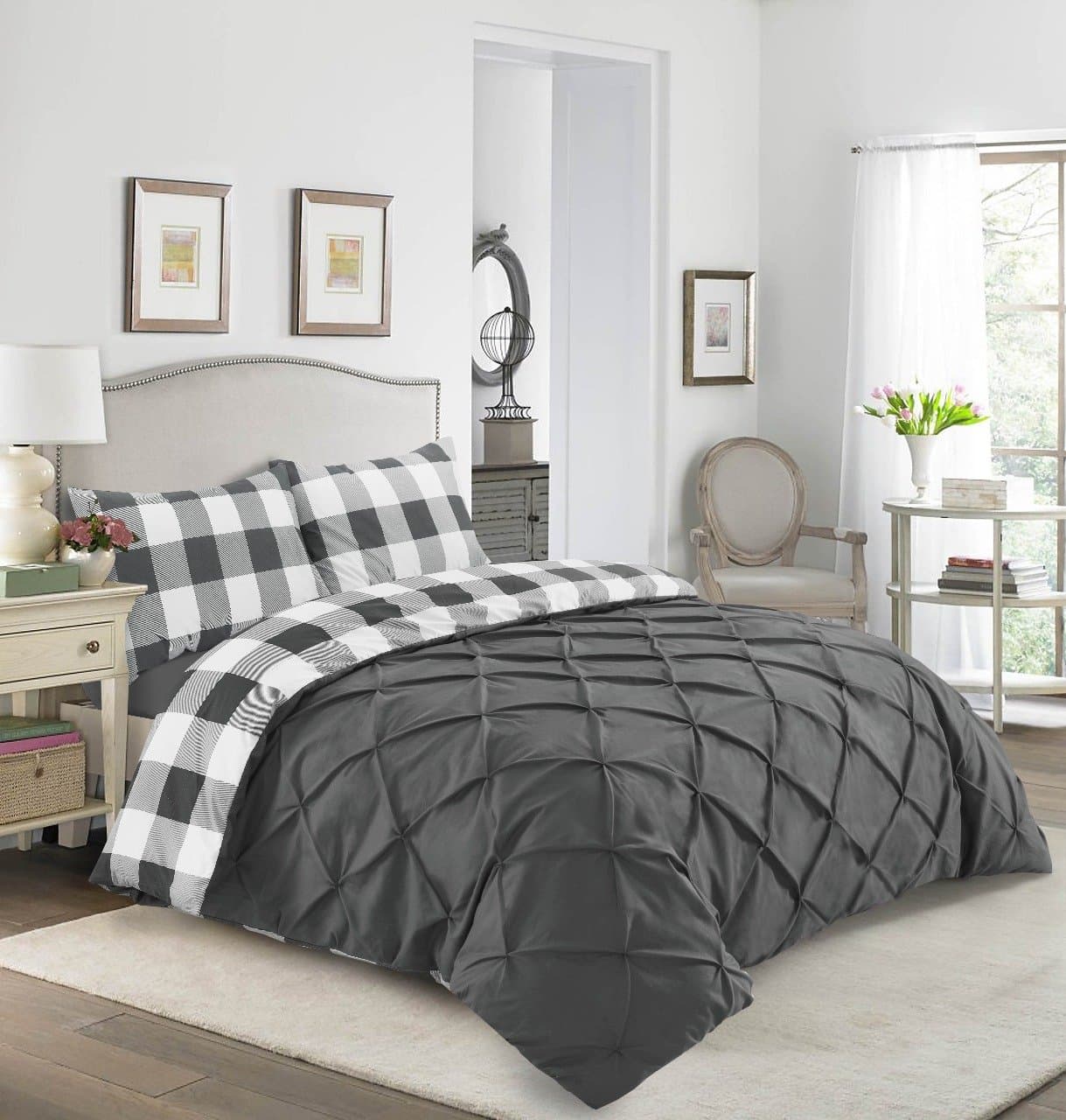 Sunshine Comforts Designer Percale Cotton-Rich Check Square Pintuck Reversible Quilt Duvet Cover Set with Pillowcases (Charcoal Grey, King)