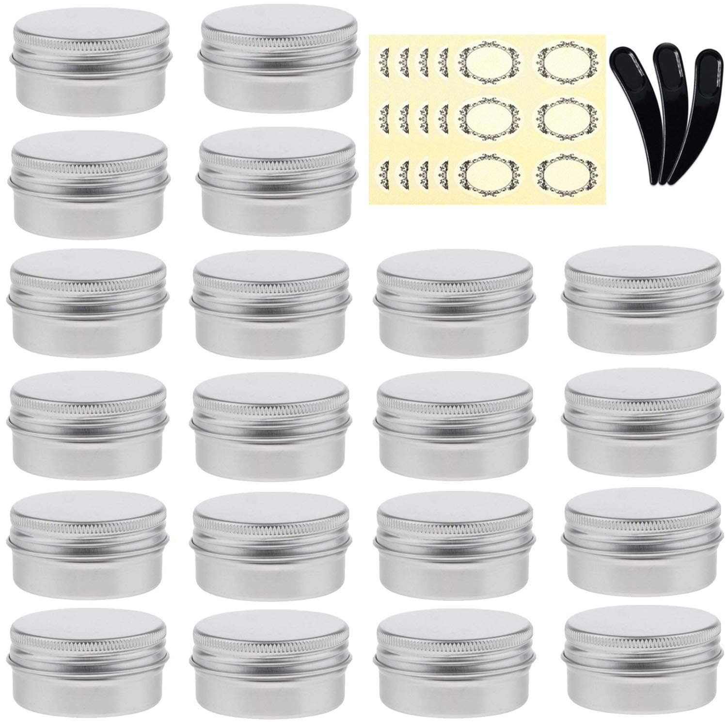 Yalbdopo 20pcs Aluminium Tin Jars Empty Cosmetics Container Sample Pots with Screw Lids, Labels and Mini Spatula for Cream, Powder, Candles, DIY Crafts, Gift, Spices, Makeup Travel Storage (20ml)