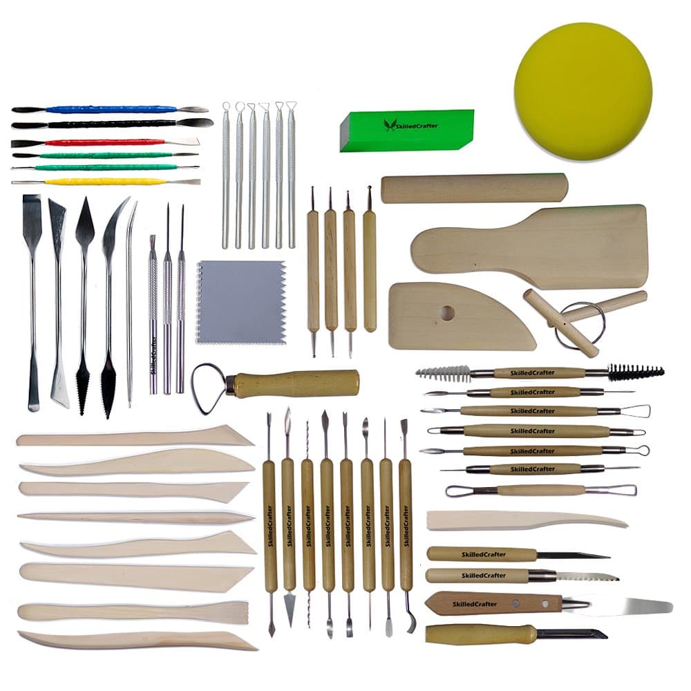Skilled Crafter Complete Clay Sculpting Collection. Comprehensive 60 Piece Set of Quality Stainless Steel, Aluminum, Birch & Gingko Wood Tools for Detailing & Modeling for Serious Potters & Sculptors