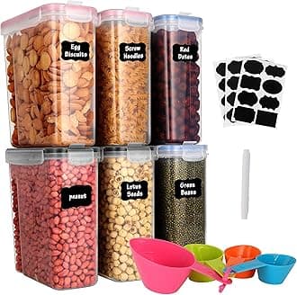 GoMaihe 4L Cereal Storage Containers Set of 6, Plastic Airtight Food Storage Containers with Lids, Storage Jars for Storing Pasta, Rice, Rlour, Dog, Cat, Pet Food, Cereal Dispenser Kitchen Organiser