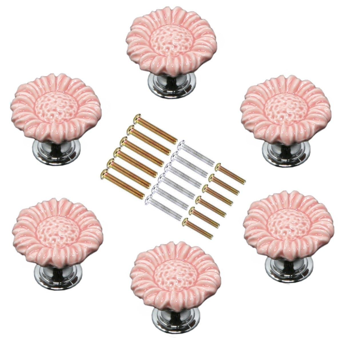 MARSTREE 37mm Sunflower Shaped Ceramic Knobs Drawer Handles Pulls for Wardrobe Cupboard Dresser Cabinet Closet Kitchen Furniture with Screws (Pack of 6, Pink)