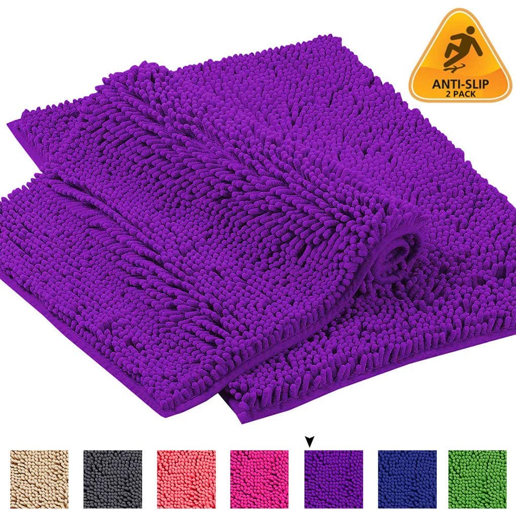 2 Pcs Plush Chenille Bath Rug Floor Mat Non Slip Absorbent Ultra Soft Bathroom Mat Machine Washable Colorful Restroom Mats-Purple