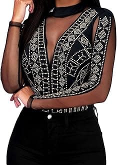 LradyWomen's Sheer Mesh Turtleneck Neck See Through Leotard Bodysuit Body Tops