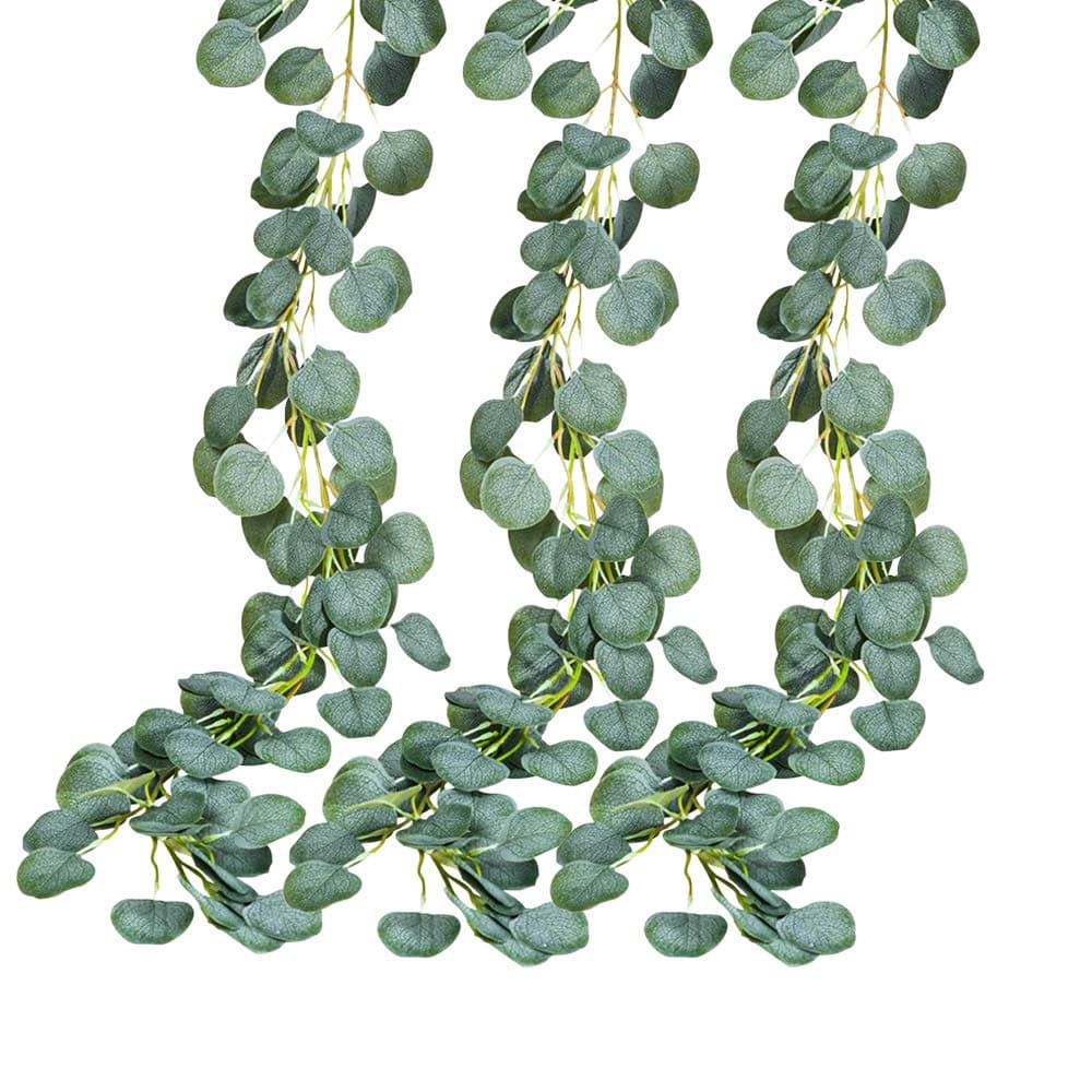fixinus 3 Pack Artificial Eucalyptus Garland with Greenery Ribbon, 3 Feet Hanging Eucalyptus Vines Faux Foliage for Wedding Backdrop Wall Flower Décor