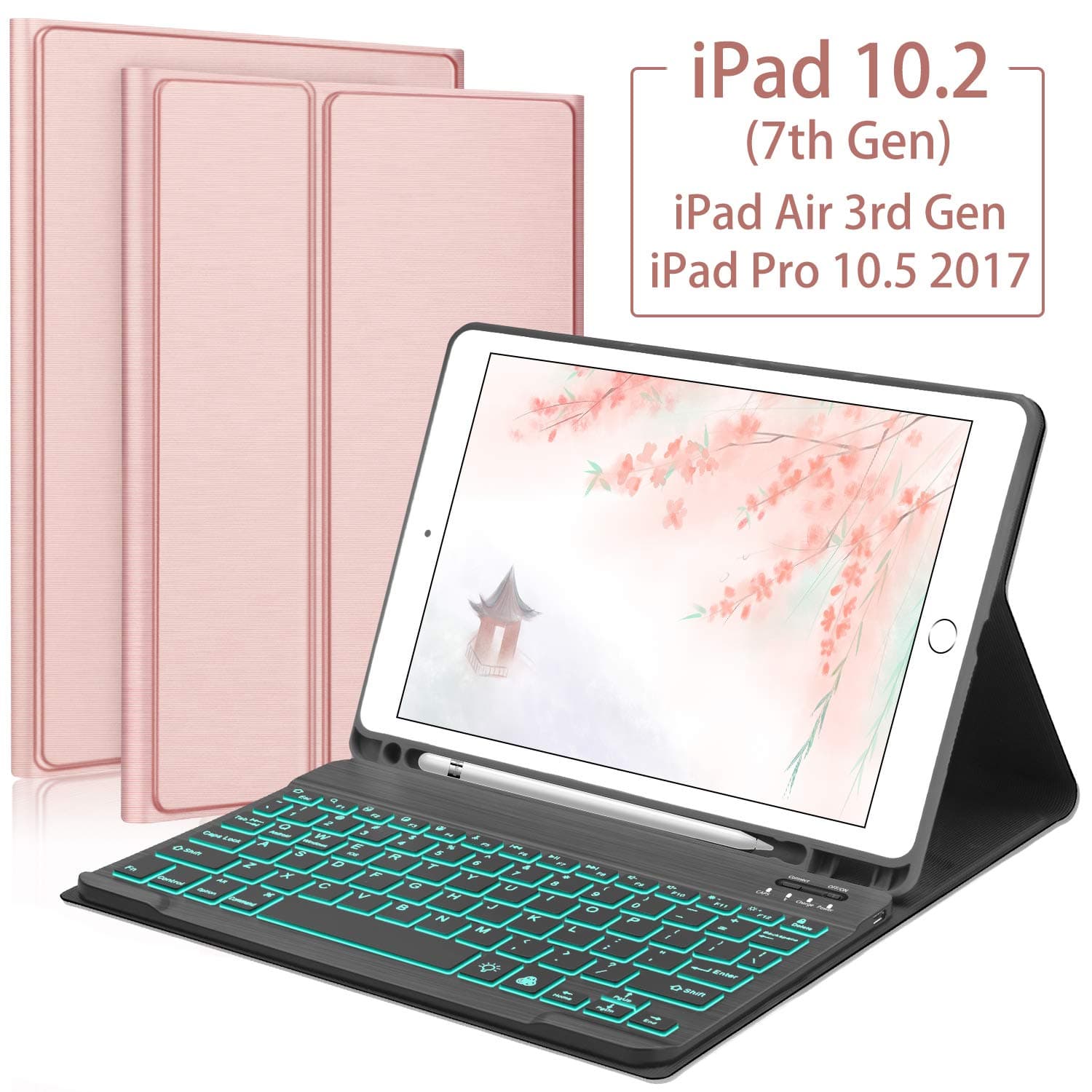 iPad 10.2 Keyboard Case for New iPad 8th Gen 2020/7th Gen 2019,iPad Air 3 Gen 2019,iPad Pro 10.5 2017-Backlit Detachable BT Keyboard-Pencil Holder-Auto Sleep/Wake-Slim Folio Protective Cover-Rose Gold