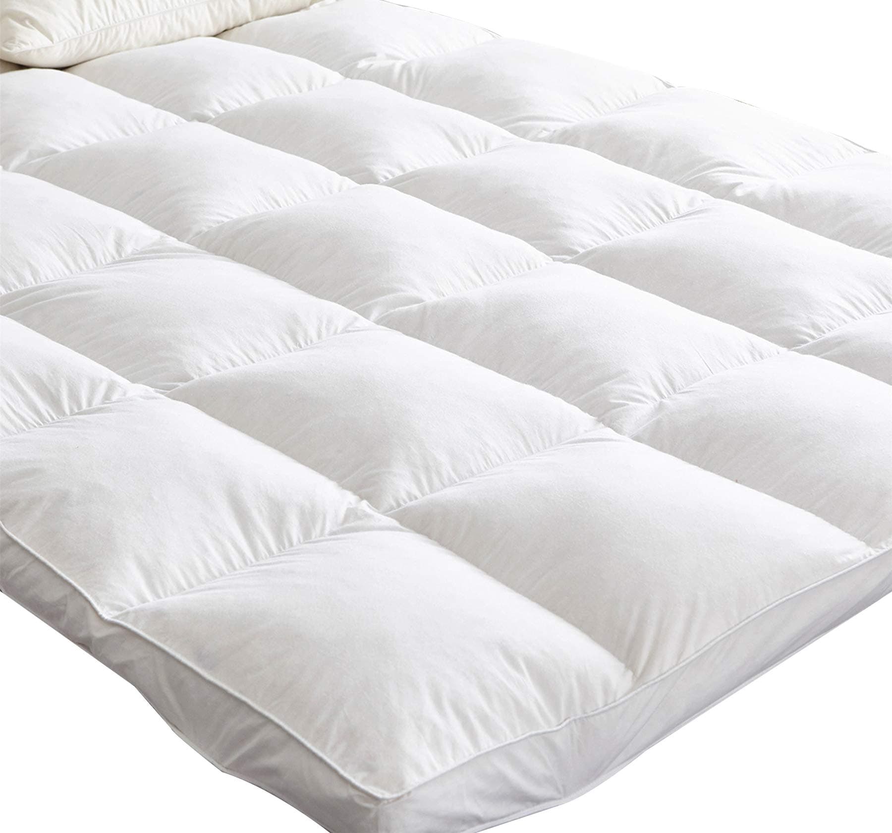 HOMEFOUCS Mattress Topper Double Size, 7cm Extra Thick Soft White Goose Feather and Down Bed Topper, 100% Cotton Cover, Anti-dust mite & Feather-proof Fabric Anti-allergen - Box Baffle Construction