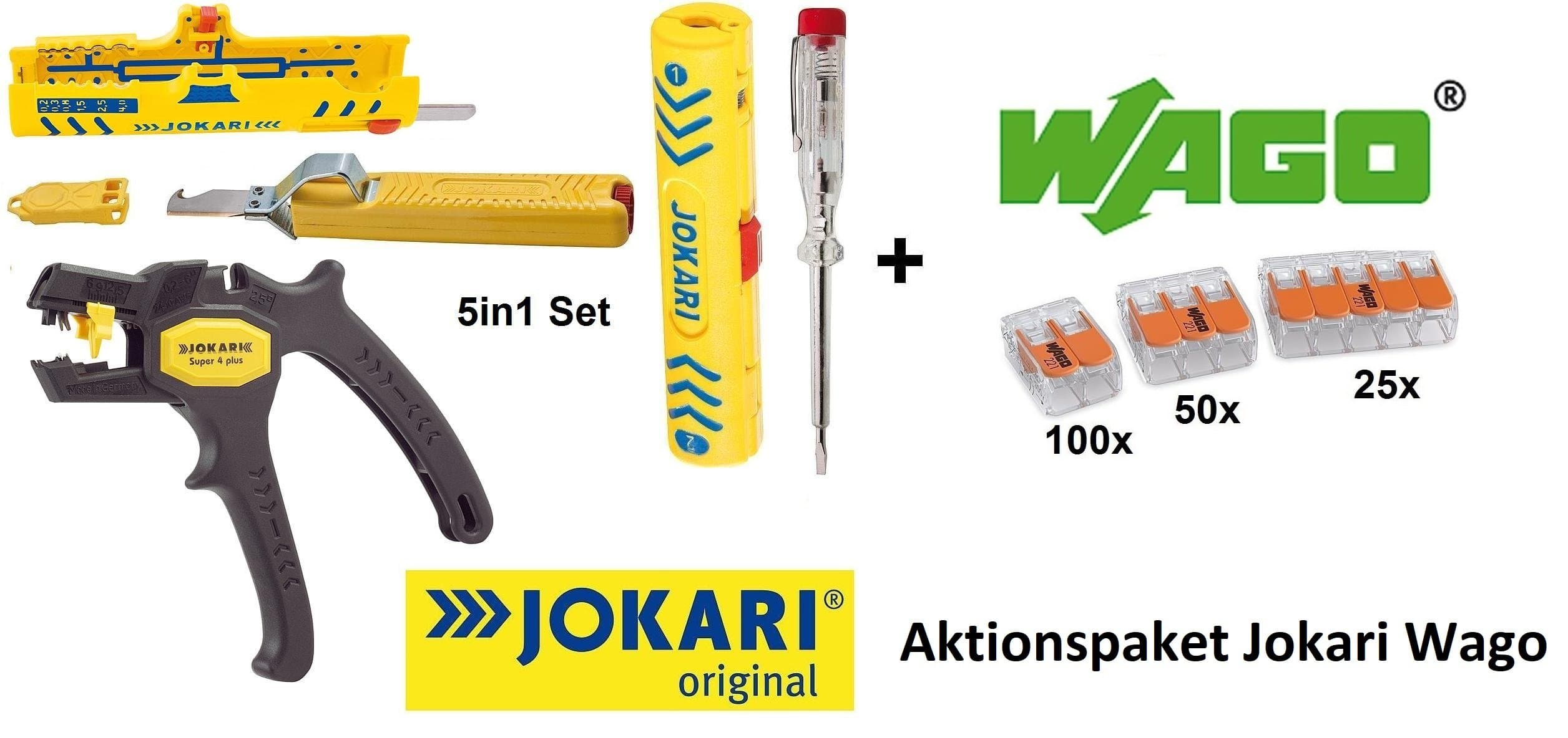 Action Pack WAGO Series 221 Connector Terminals 175 Pieces Includes 1 Jokari T30600 Secura Single No. 1 – JOKARI SECURA Super Stripper No. 15 Light Multi Wire Stripper Super 4 plus – 1x stripping knife with hook blade – and 1 Phase Tester Screwdriver