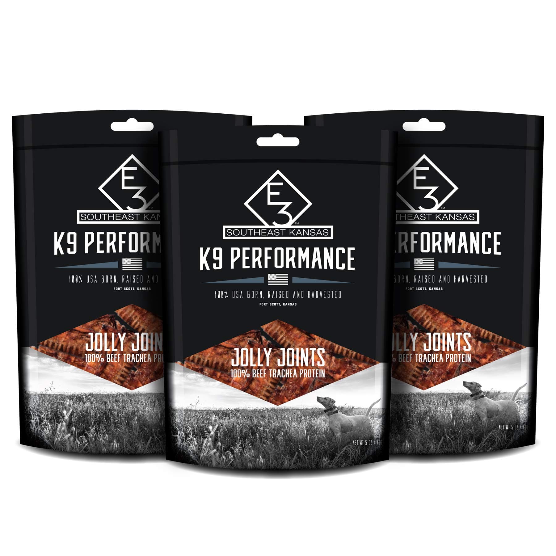 E3 K9 Performance Made in USA Jolly Joints 100% Beef Trachea Protein Dog Treats, 5-Ounce Bag (3 Pack)