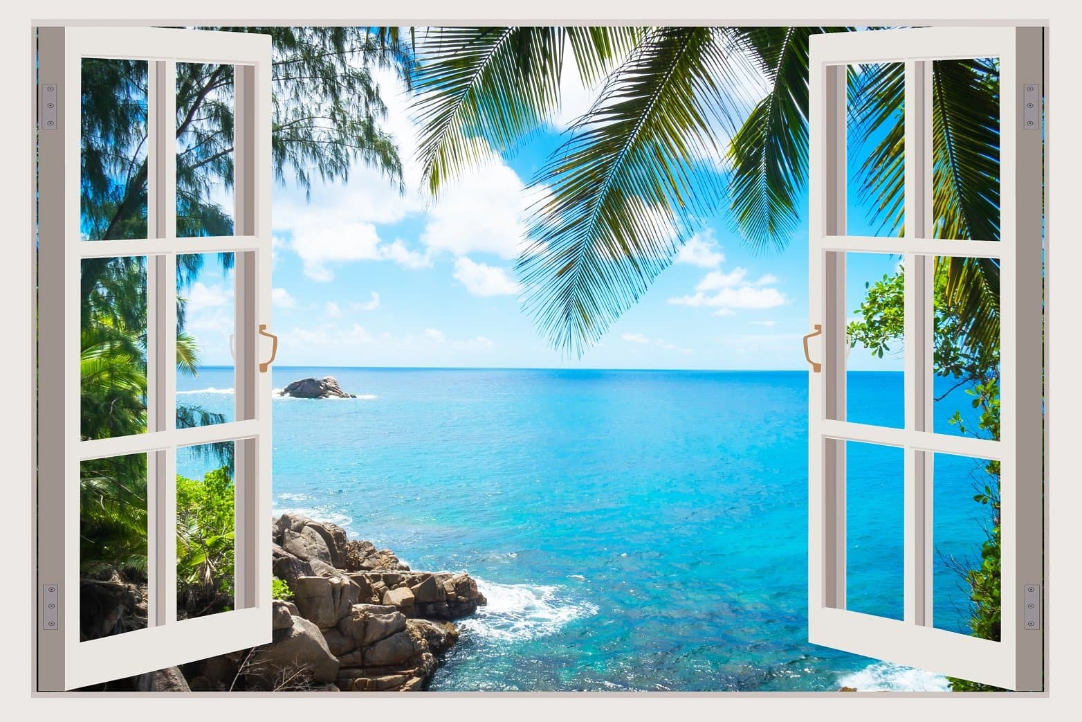 Mi Alma 3D Removable Vinyl Wall Mural Stickers Window Frame Design – Wide Variety of Realistic Views – Easy to Apply Peel & Stick – Incomparably Durable Wall Decals (33.5x45 Inch, Palm Tree View)