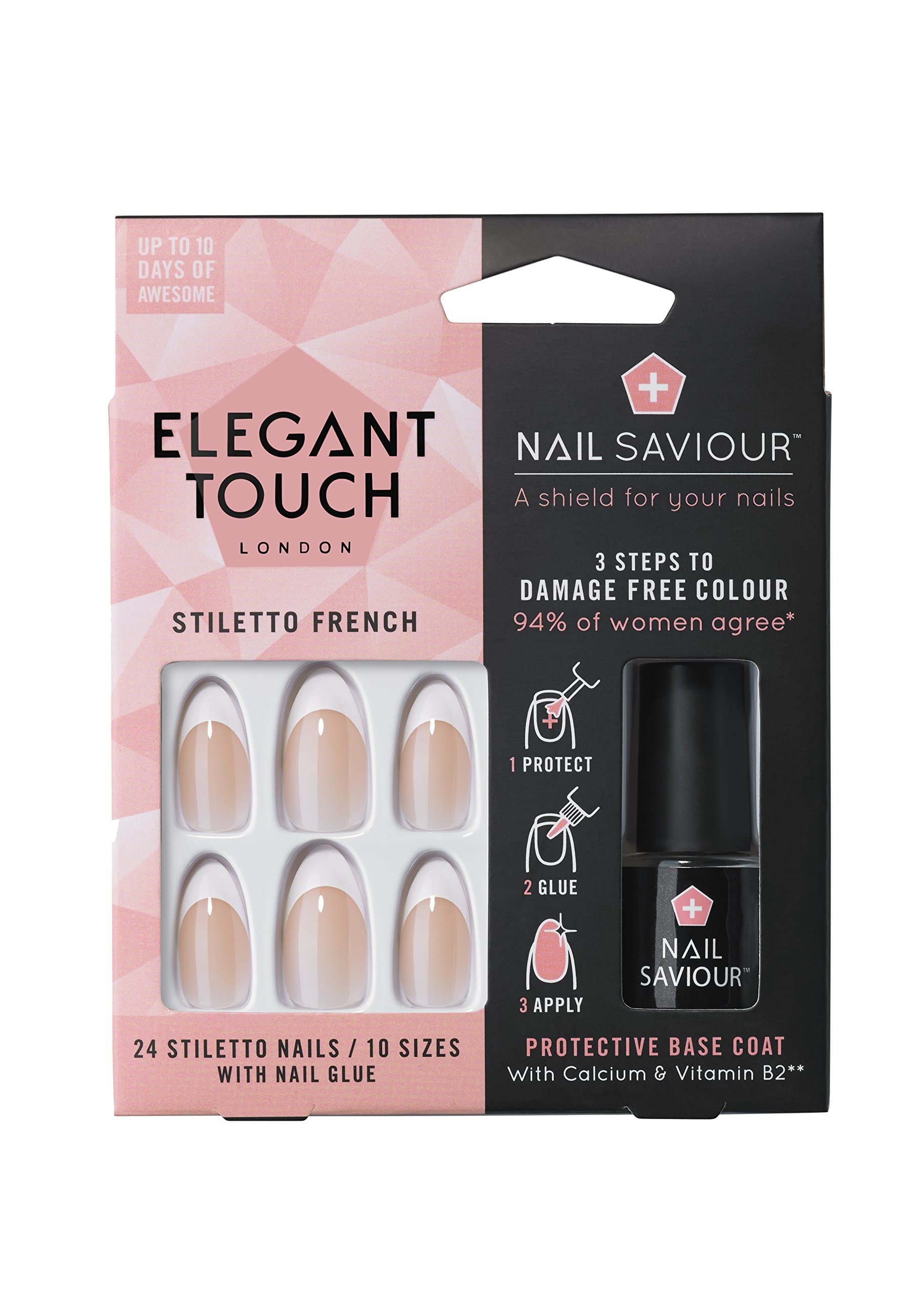 Elegant Touch with Nail Saviour & Nail Glue, False Nails (24 Nails) - Stiletto French
