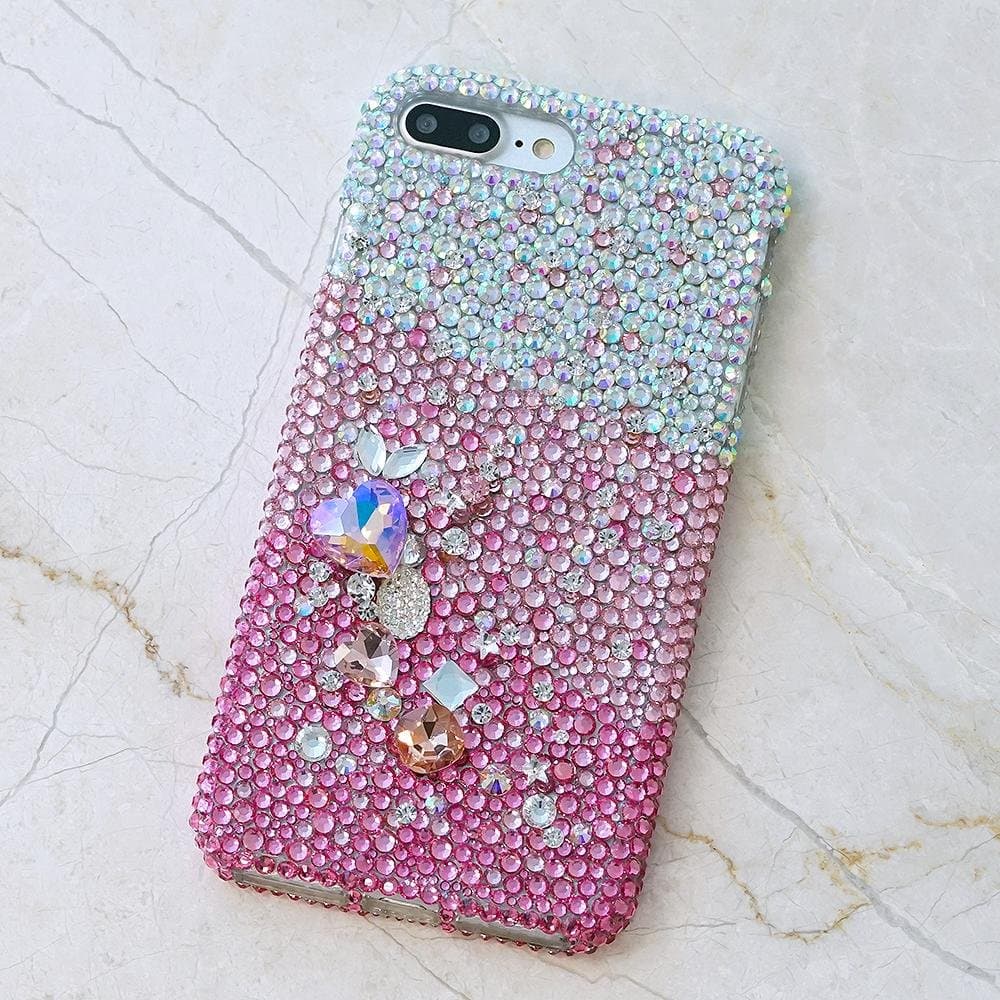 iPhone Xs Max Case, [Premium Handmade Quality] 3D Bling Genuine Aurora Borealis Crystals AB Faded to Hot Pink Protective Easy Grip Case Cover [by Luxaddiction]