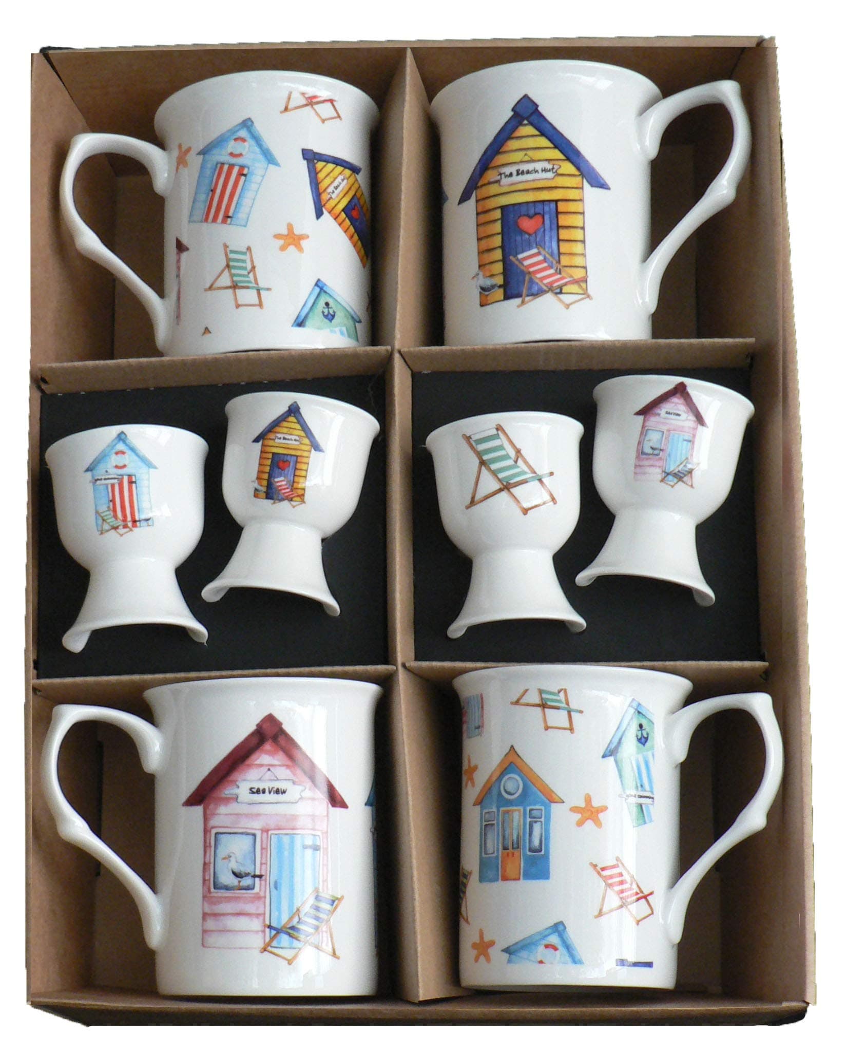 Beach Hut Bone China Mugs with Matching Egg Cups - Set of 4 Gift Boxed 10oz China Mugs & 4 eggcups Each Decorated with Colourful Beach Huts on Each