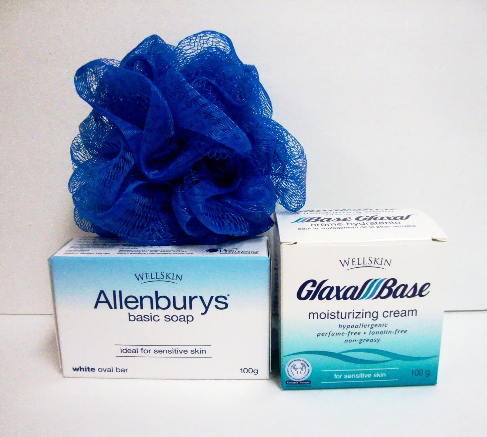 GLAXAL Base 3 pc set Moisturizing CREAM 3.5 oz (100 g), SOAP & BATH SPONGE by Wellskin - Relief for Sensitive Skin