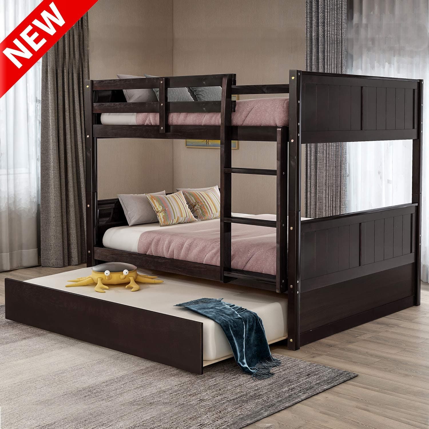 Updated Full Over Full Bunk Bed with Trundle, Best Thicken Solid Wood Bed Frame with Safety Guard Rail and Ladder, Multifunction Convertible to 2 Beds for Kids (Espresso)