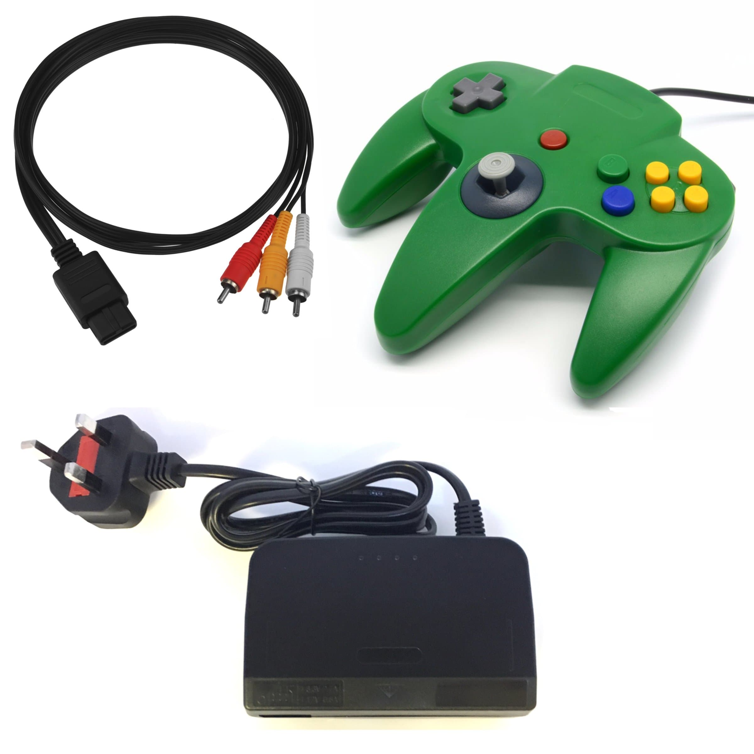 3rd Party Replacement Nintendo 64 Accessory Bundle, Power/AV & Green N64 Controller