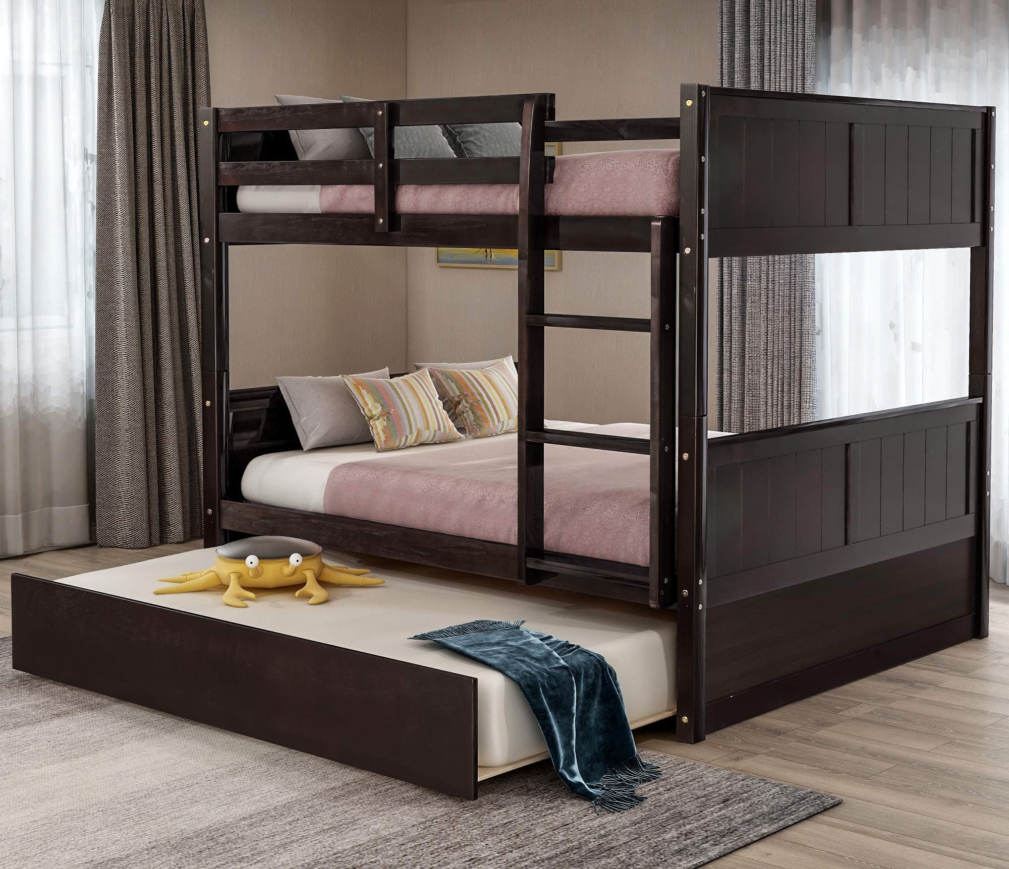 Full Over Full bunk Bed, with a Twin Size Trundle Bed and ladders Detachable Wood Full Bunk Bed Frame for Kids, Teens Bedroom, Guest Room Furniture