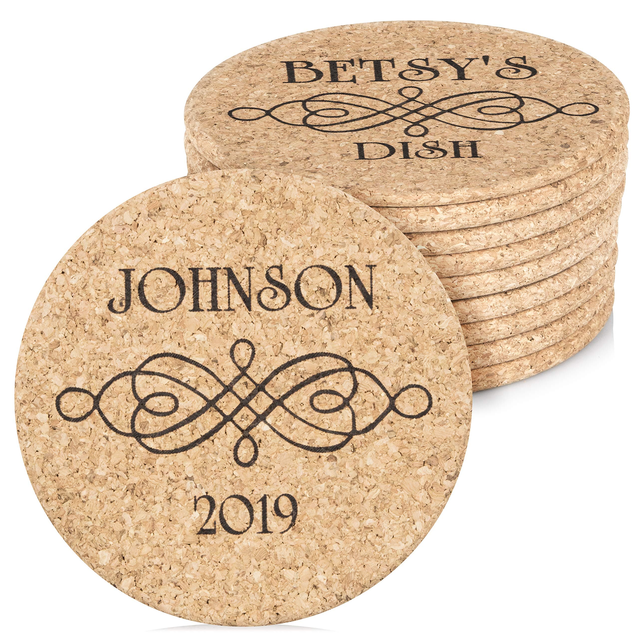 Custom Catch Personalized Cork Trivet Gift - (2) 7" Hot Pads - Customizable Housewarming Scroll Decoration Trivets for Dishes, Pots, Pans, Baking Sheets, Plates for Table, Countertop, Kitchen